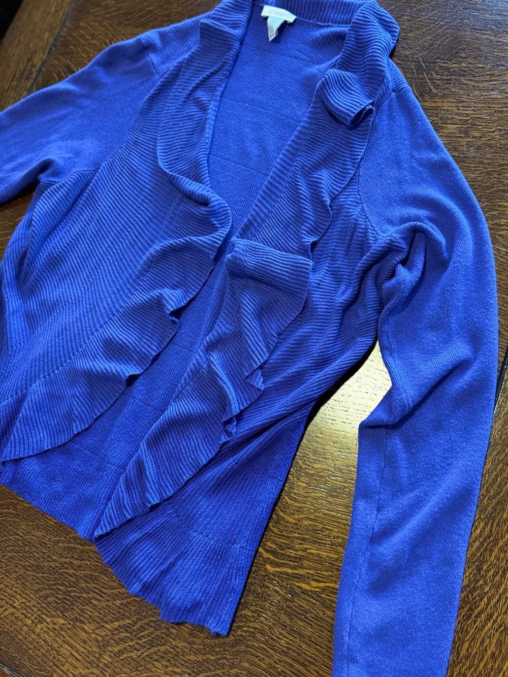 CHICO’S Ruffle Edge Purple Blue Ruffle-Front Open Cardigan Sweater — #LHP - Picture 5 of 16
